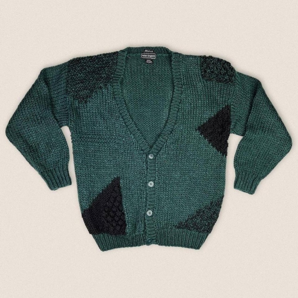 Vintage 90s Cardigan Grandpa Sweater Green Black Peter‎ England Size Small